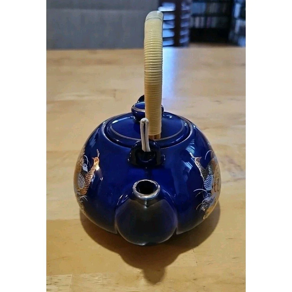 Vintage Japanese Cobalt Blue Tea Set With Gold Peacock Design - Teapot W/ 4 Cups